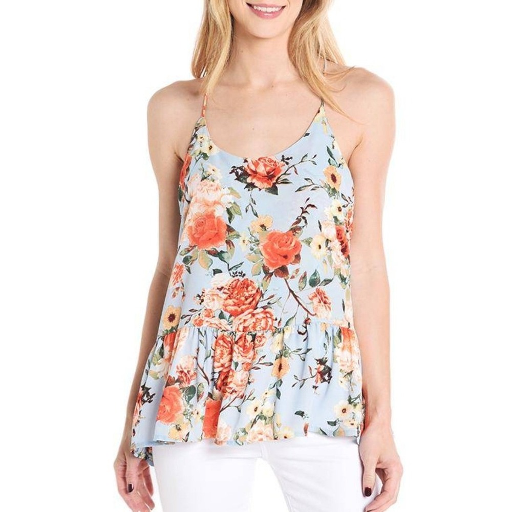 Newbury Kustom Floral Print Tank Top Sz M Blue Orange Ruffle Peplum USA Made NEW